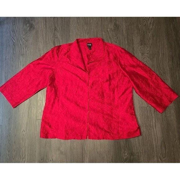 Eileen Fisher Tops - Eileen Fisher Sz L Beautiful RED Crinkled‎ 100% Silk Exquisite Blouse Shirt Top